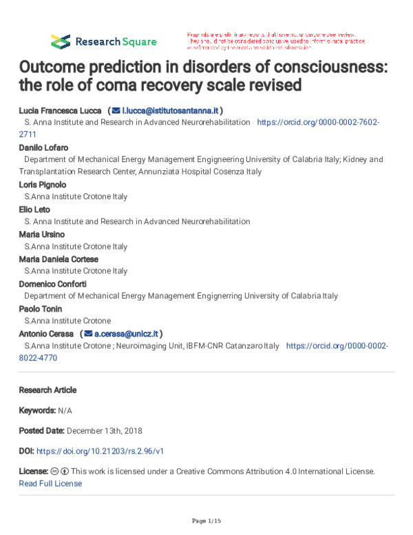 (PDF) Outcome prediction in disorders of consciousness: the role of ...