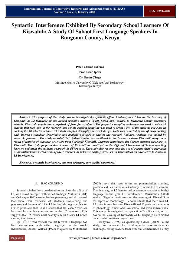 (PDF) Syntactic Interference Exhibited By Secondary School Learners Of ...