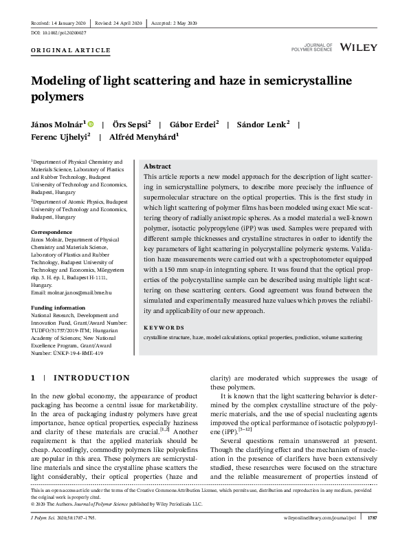 (PDF) Modeling of light scattering and haze in semicrystalline polymers