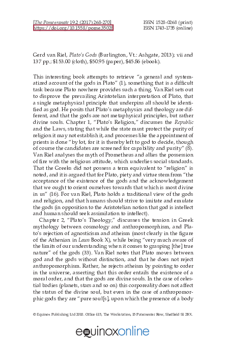 (PDF) Review of Gerd van Riel, Plato’s Gods