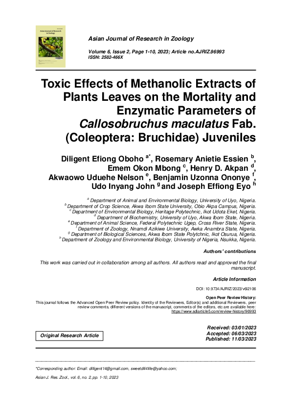 (PDF) Toxic Effects of Methanolic Extracts of Plants Leaves on the ...