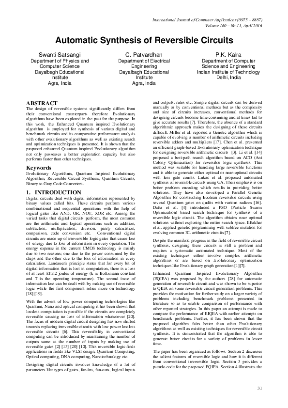 (PDF) Automatic Synthesis of Reversible Circuits