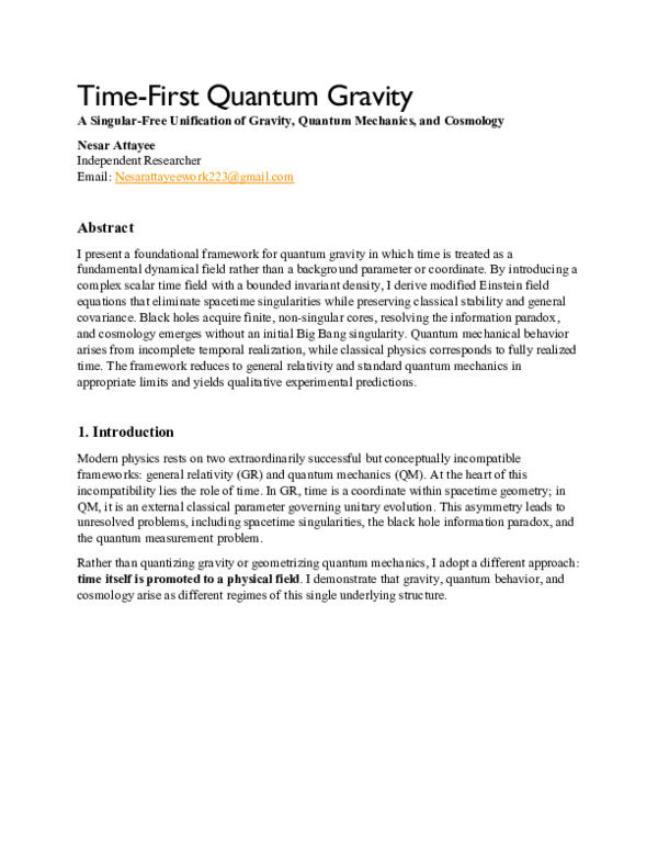 (PDF) Time-First Quantum Gravity A Singular-Free Unification of Gravity ...