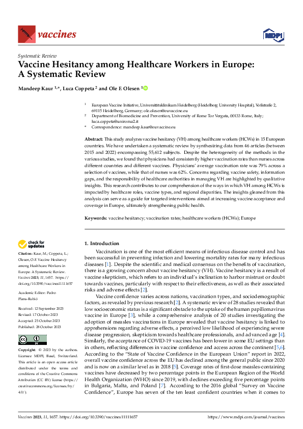 (PDF) Vaccine Hesitancy among Healthcare Workers in Europe: A ...