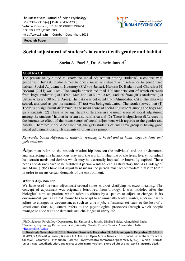 (PDF) Social adjustment of student’s in context with gender and habitat