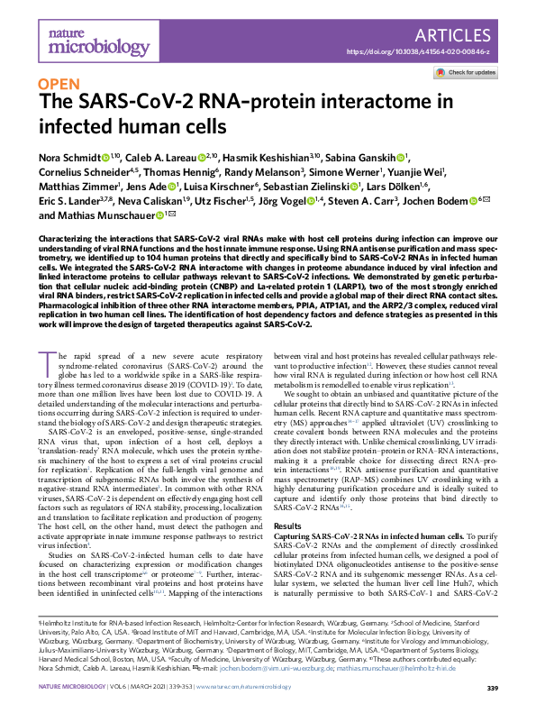 (PDF) The SARS-CoV-2 RNA–protein interactome in infected human cells