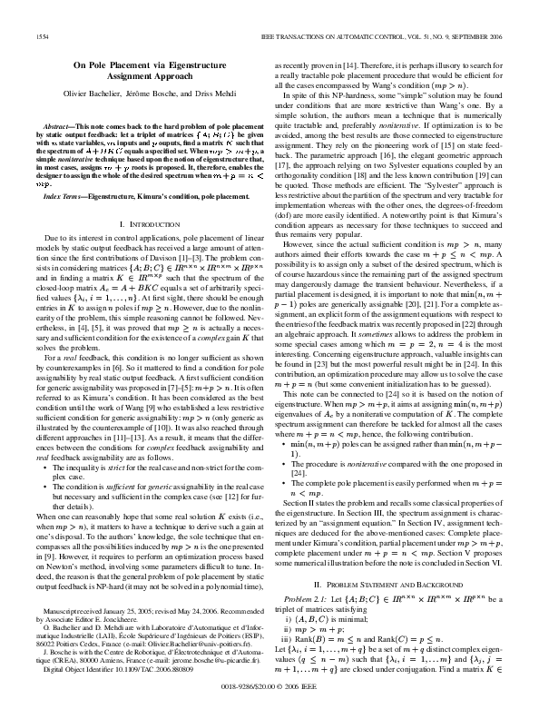 (PDF) On Pole Placement via Eigenstructure Assignment Approach