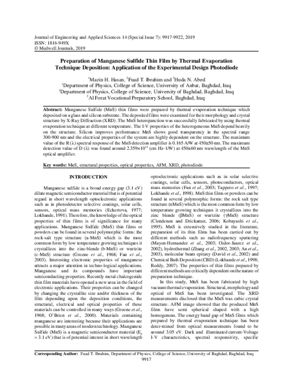 (PDF) Preparation of Manganese Sulfide Thin Film by Thermal Evaporation ...