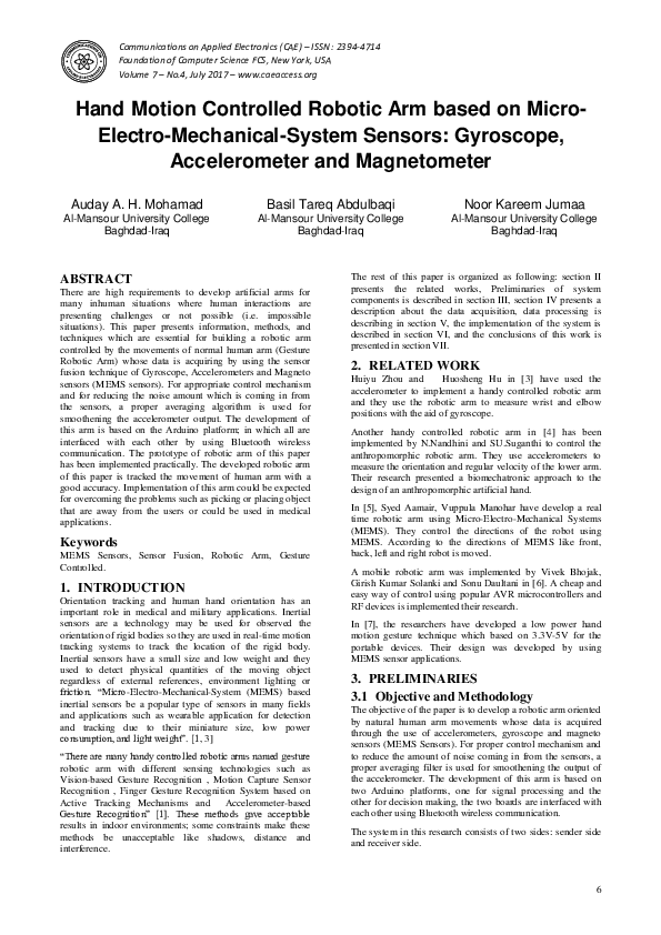 (PDF) Hand Motion Controlled Robotic Arm based on Micro-Electro ...
