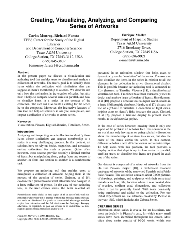 (PDF) Creating, Visualizing, Analyzing, and Comparing Series of Artworks