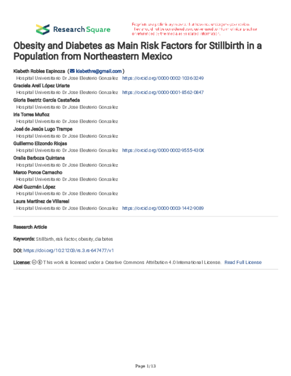 (PDF) Obesity and Diabetes as Main Risk Factors for Stillbirth in a ...