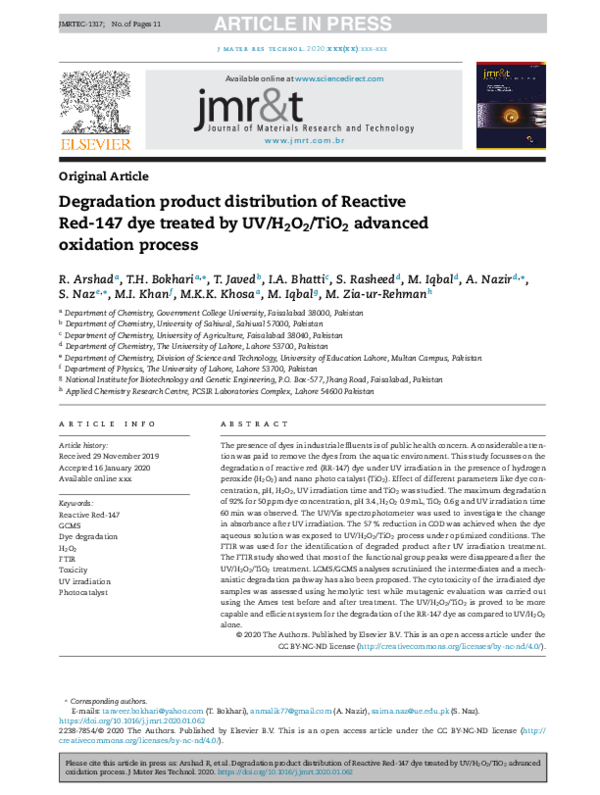 (PDF) Degradation product distribution of Reactive Red-147 dye treated ...