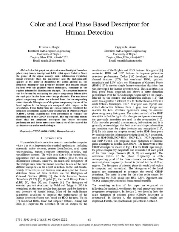 (PDF) Color and local phase based descriptor for human detection