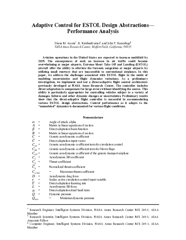 (PDF) Adaptive Control for ESTOL Design Abstractions-Performance Analysis