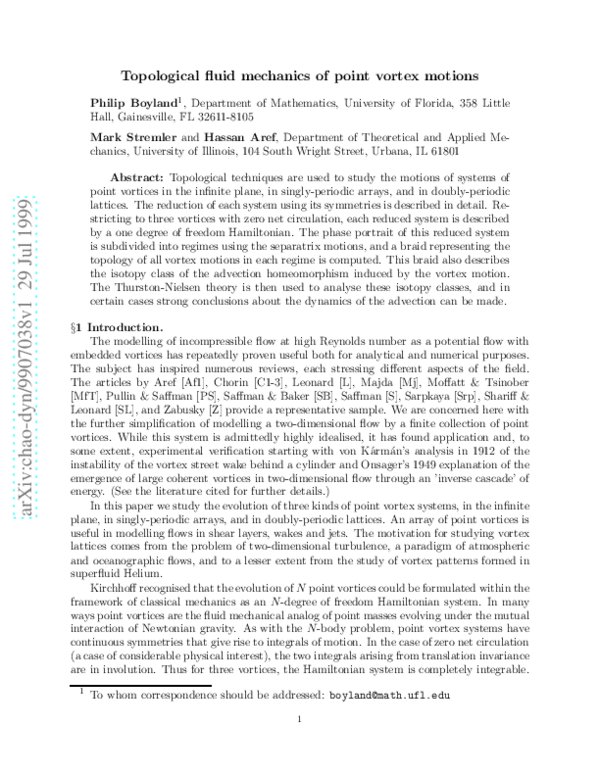 (PDF) Topological fluid mechanics of point vortex motions