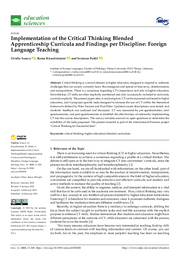 (PDF) Implementation of the Critical Thinking Blended Apprenticeship ...