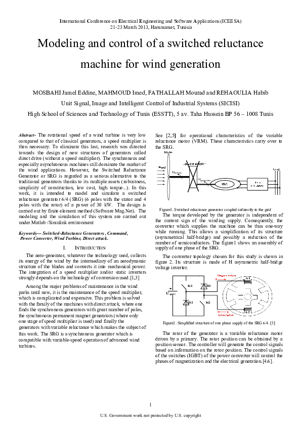 (PDF) Modeling and control of a switched reluctance machine for wind ...