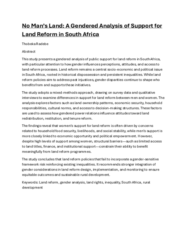 (PDF) No man's land: a gendered analysis of support for land reform in ...