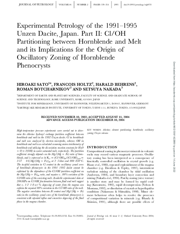 (PDF) Experimental Petrology of the 1991-1995 Unzen Dacite, Japan. Part ...