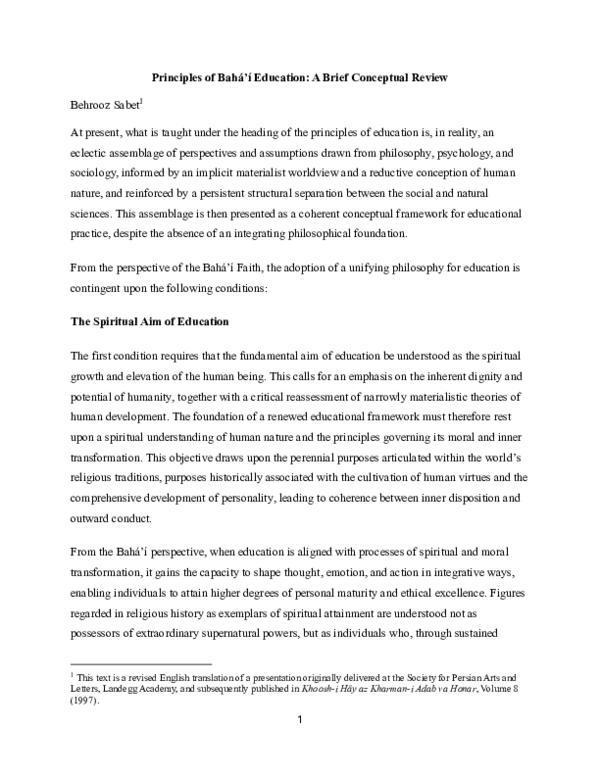 (PDF) Principles of Bahá'í Education: A Brief Conceptual Review