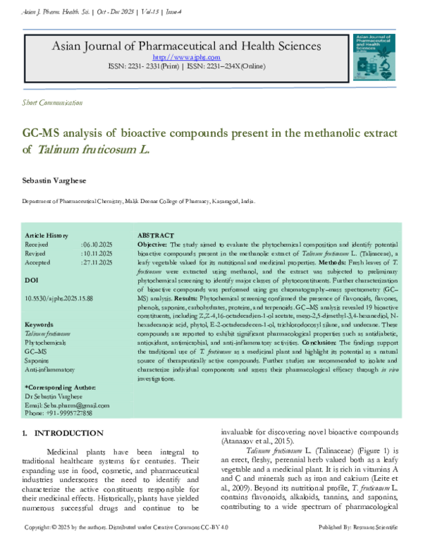 (PDF) GC-MS analysis of bioactive compounds present in the methanolic ...