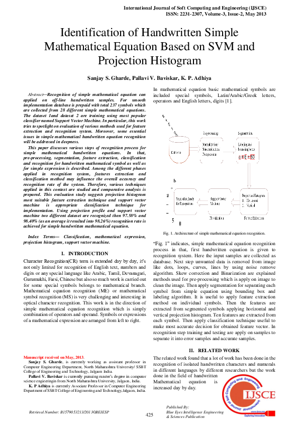 (PDF) Identification of Handwritten Simple Mathematical Equation Based ...