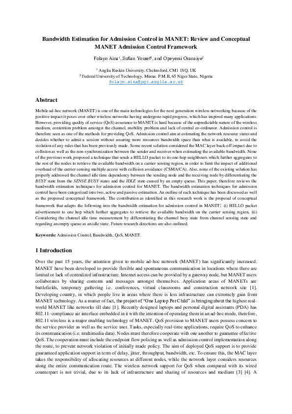 (PDF) Bandwidth Estimation for Admission Control in MANET: Review and ...