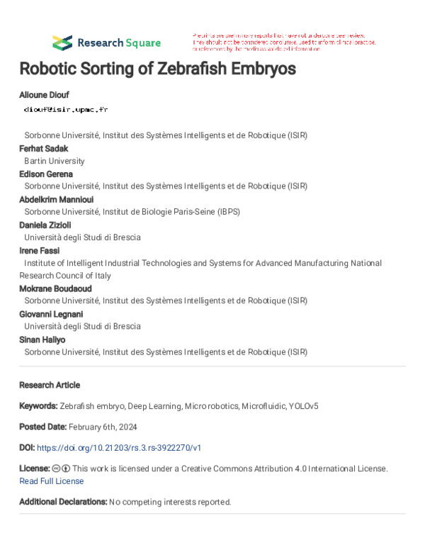 (PDF) Robotic Sorting of Zebrafish Embryos
