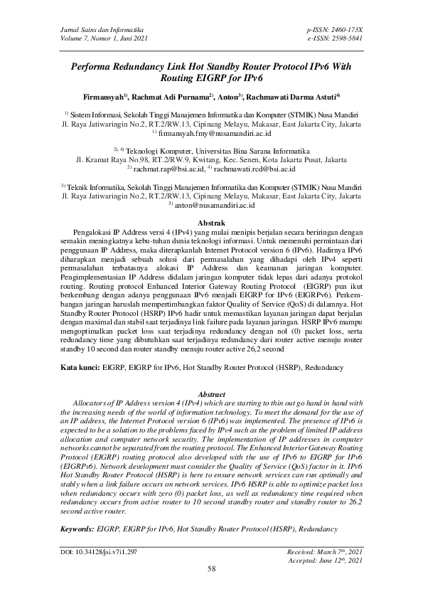 (PDF) Performa Redundancy Link Hot Standby Router Protocol IPv6 With ...