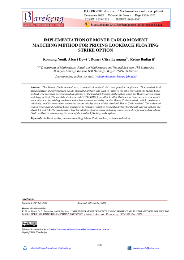 (PDF) Implementation of Monte Carlo Moment Matching Method for Pricing ...