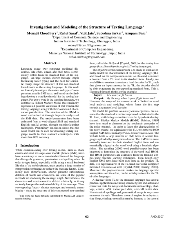 (PDF) Investigation and modeling of the structure of texting language