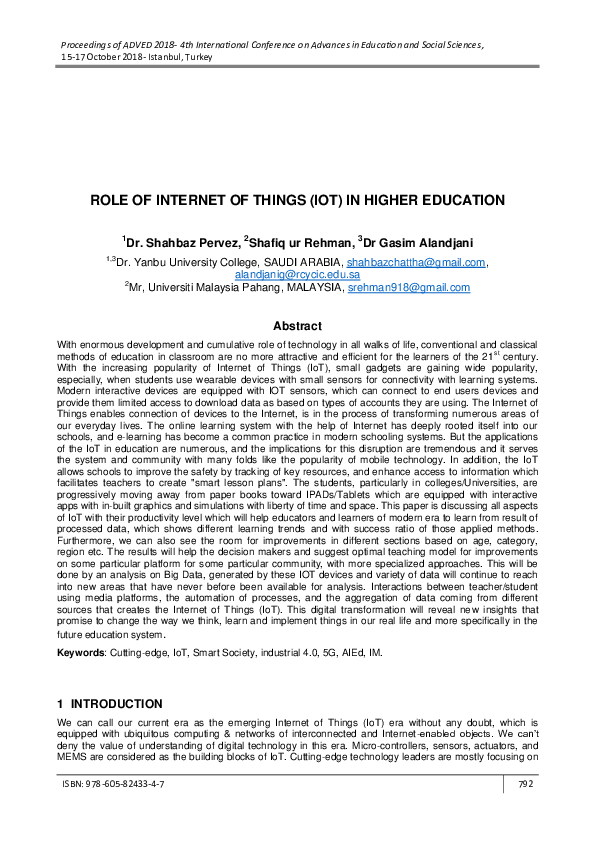 (PDF) ROLE OF INTERNET OF THINGS (IOT) IN HIGHER EDUCATION 1