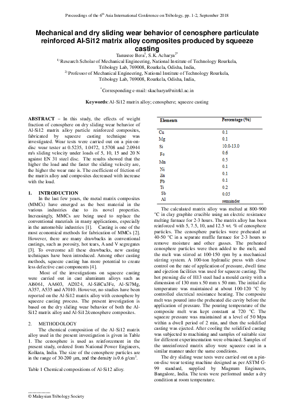 (PDF) Mechanical and dry sliding wear behavior of cenosphere ...