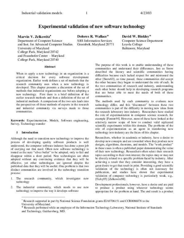 (PDF) Experimental Validation of New Software Technology