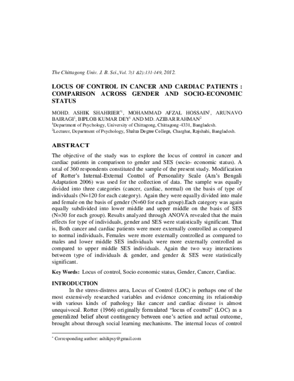 (PDF) Locus Of Control in Cancer And Cardiac Patients: Comparison ...