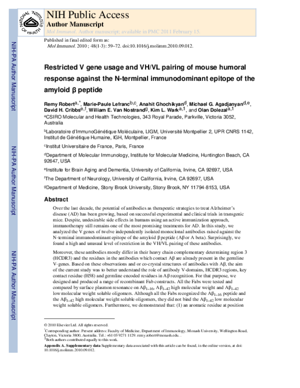 (PDF) Restricted V gene usage and VH/VL pairing of mouse humoral ...