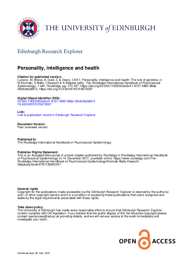 (PDF) Personality, intelligence and health: The role of genetics