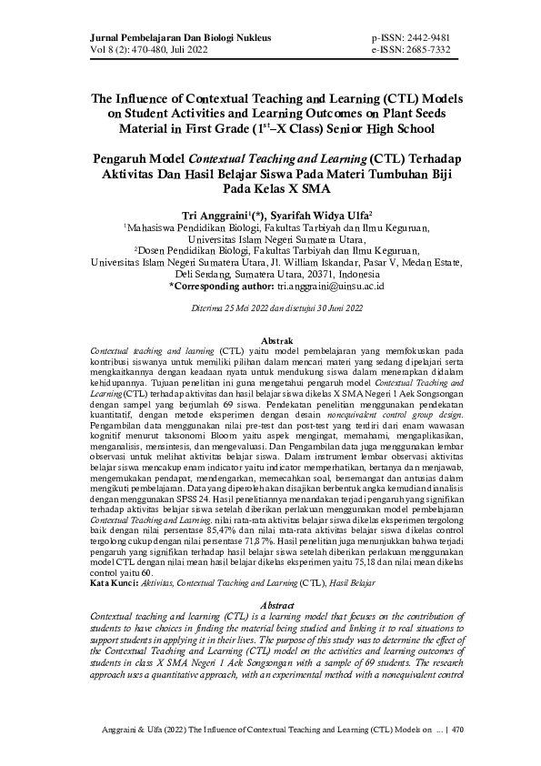 (PDF) The Influence of Contextual Teaching and Learning (CTL) Models on ...