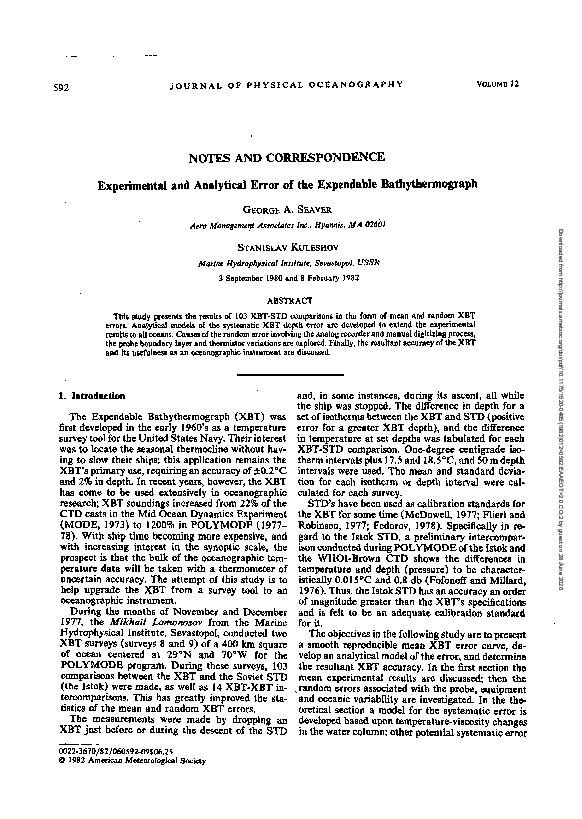 (PDF) Experimental and Analytical Error of the Expendable Bathythermograph