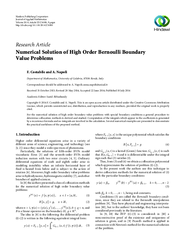 (PDF) Numerical Solution of High Order Bernoulli Boundary Value Problems