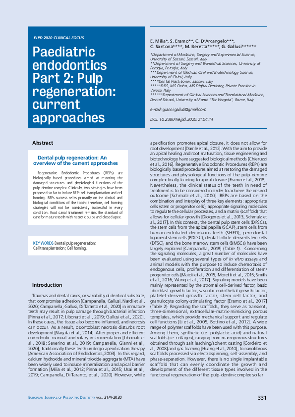 (PDF) Paediatric endodontics Part 2: Pulp regeneration: current approaches