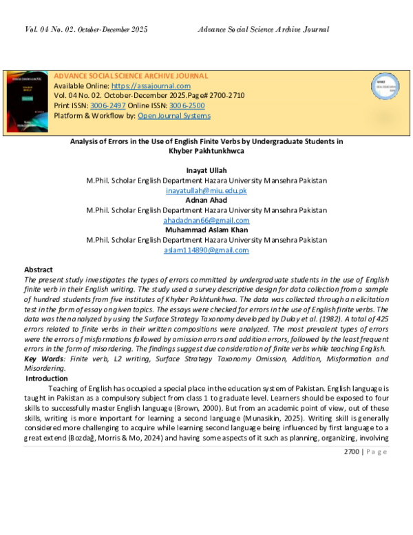 (PDF) Analysis of Errors in the Use of English Finite Verbs by ...