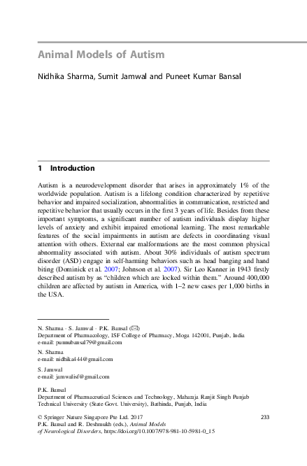 (PDF) Animal Models of Autism