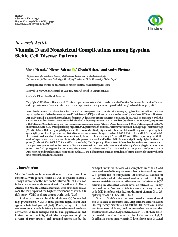 (PDF) Vitamin D and Nonskeletal Complications among Egyptian Sickle ...