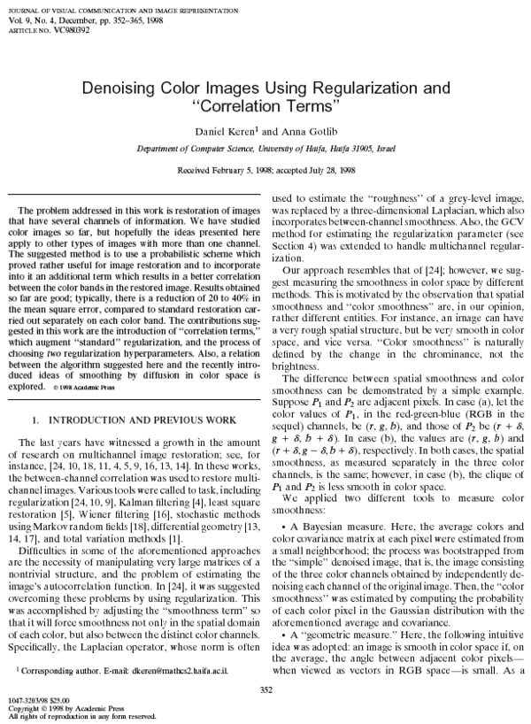 (PDF) Denoising Color Images Using Regularization and “Correlation Terms”