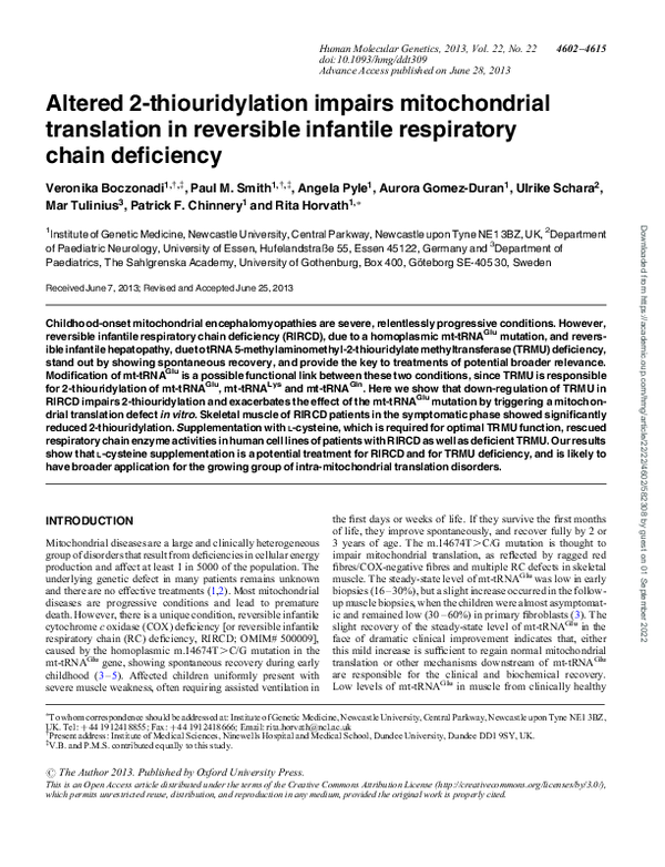 (PDF) Altered 2-thiouridylation impairs mitochondrial translation in ...