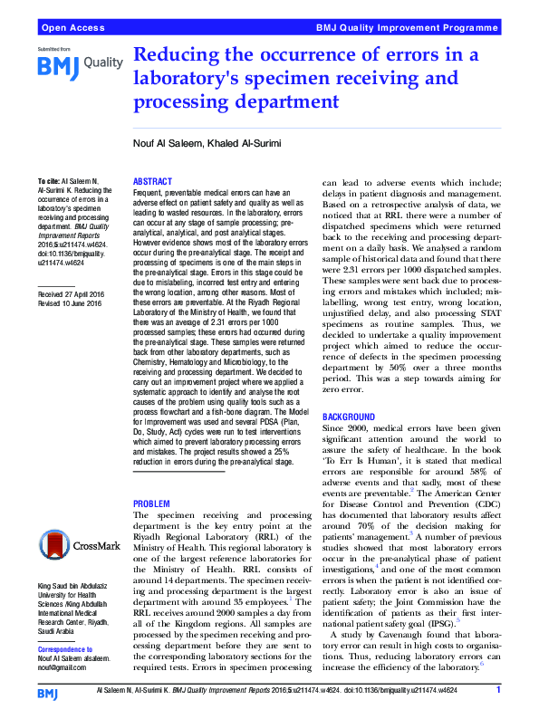 (PDF) Reducing the occurrence of errors in a laboratory's specimen ...