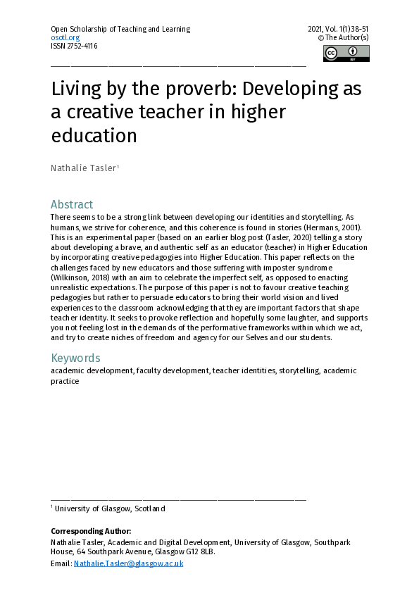 (PDF) Living by the proverb: Developing as a creative teacher in higher ...