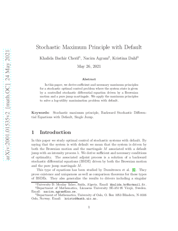 (PDF) Stochastic Maximum Principle with Default