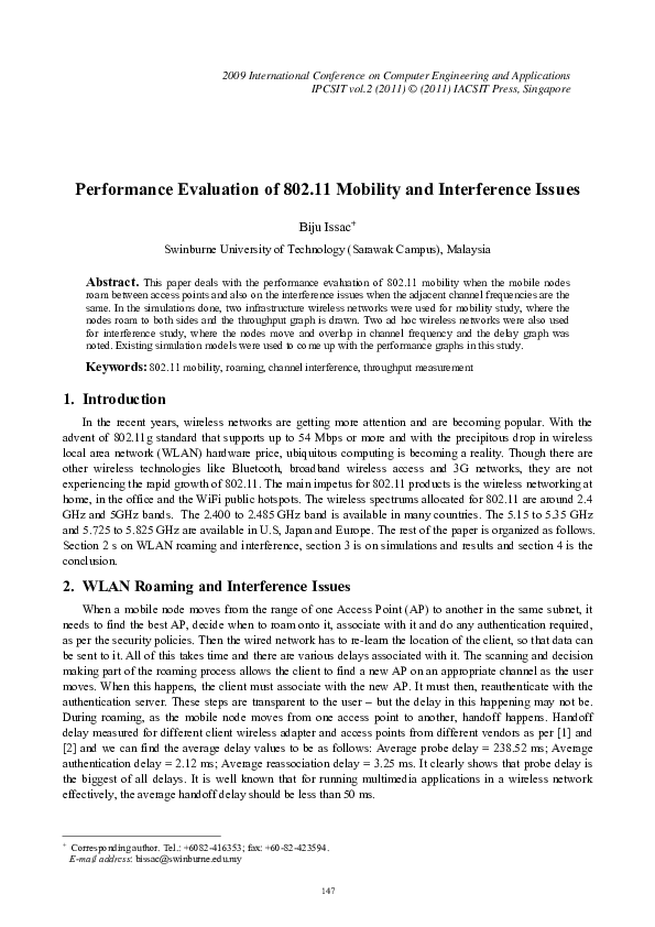 (PDF) Performance Evaluation of 802.11 Mobility and Interference Issues